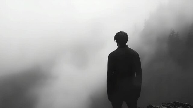 A man standing on top of a mountain in the fog