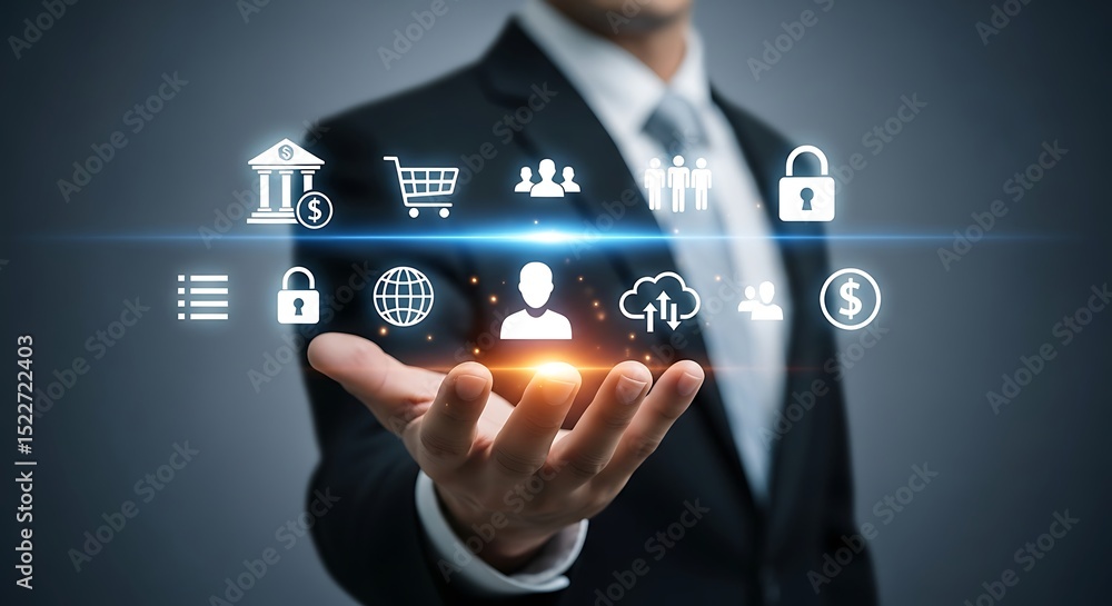 Poster businessman presenting business and technology icons representing digital transformation ecommerce s