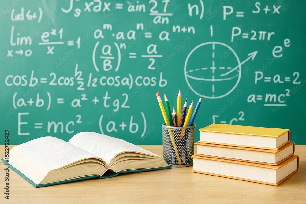 Poster open book, pencils, and stacked textbooks on desk with math formulas on green chalkboard in backgrou