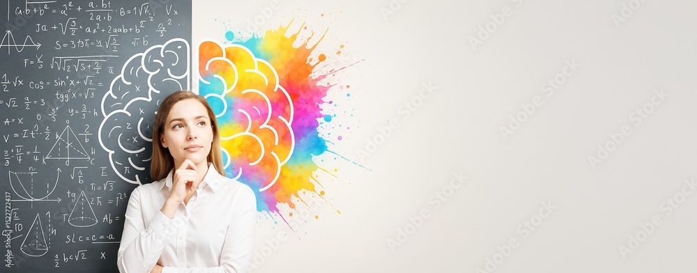 Poster woman thinking with illustrated brain split into analytical formulas and colorful creativity on ligh