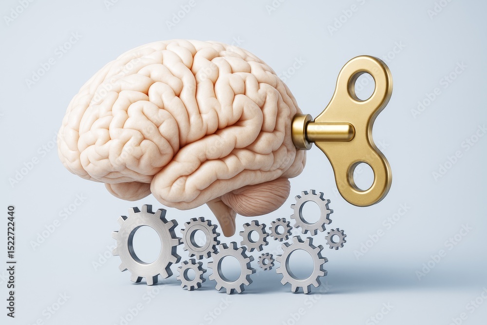 Poster Human brain with wind-up key and gears symbolizing mechanical thinking and intelligence on light background. Ai generative.