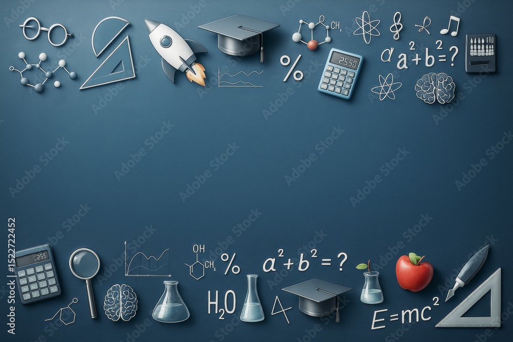 Poster creative science and education themed background with light 3d-style icons of mathematics, chemistry