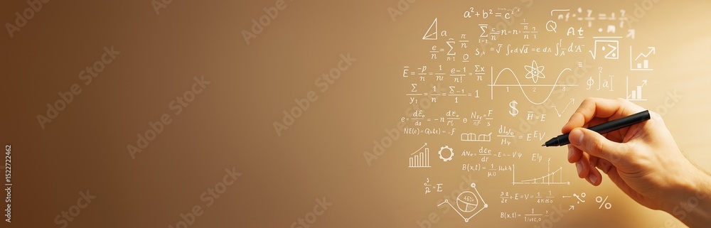 Poster Hand writing scientific formulas on abstract gradient background with math symbols and diagrams for science banner or educational template concept.