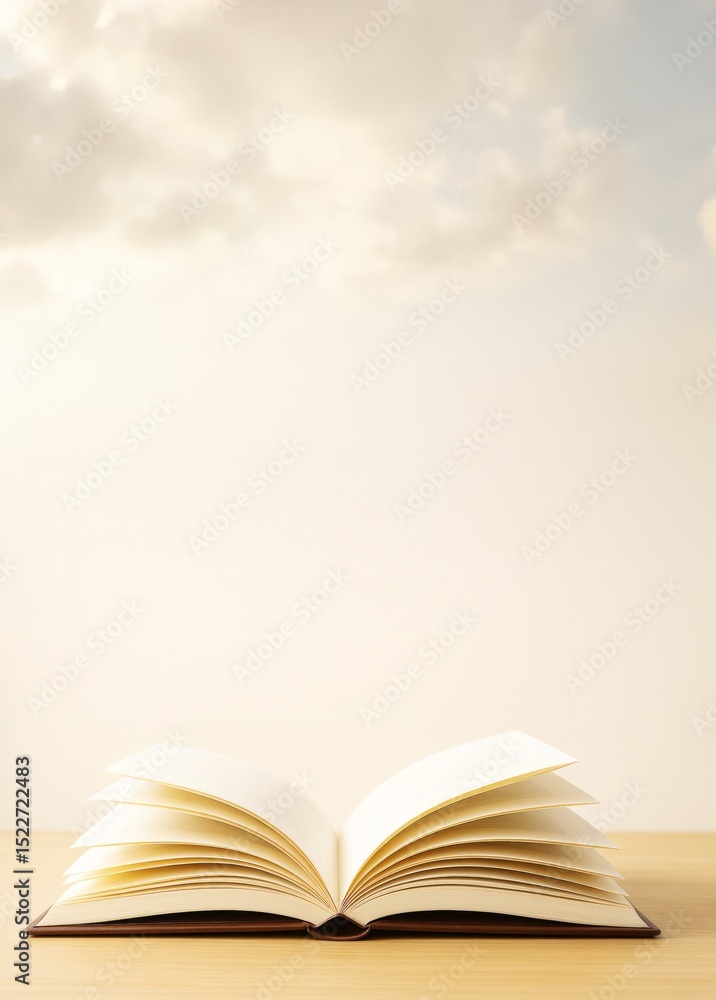 Aufkleber open book on wooden table with blank pages under soft cloudy sky background, ideal for copyspace use