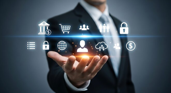 Businessman presenting business and technology icons representing digital transformation ecommerce security cloud computing and global connectivity for modern solutions - Powered by Adobe