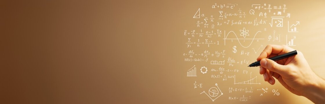 Hand writing scientific formulas on abstract gradient background with math symbols and diagrams for science banner or educational template concept.