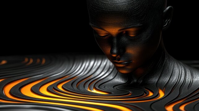 Dark, elegant headpiece immersed in molten, swirling design