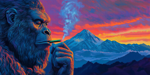 Bigfoot Smoking a Blunt with Psychedelic Sunset in Background