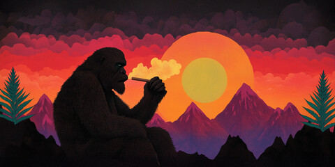 Psychedelic Bigfoot Poster Depicting Sunset and Smoking Scene