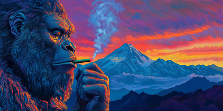 Bigfoot Smoking a Blunt with Psychedelic Sunset in Background