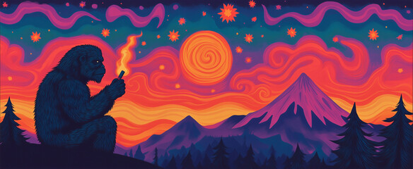Bigfoot Smoking in Psychedelic Scenic View with Vibrant Colors