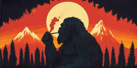 Bigfoot Smoking in Psychedelic Landscape with Vivid Sunset and Mountains