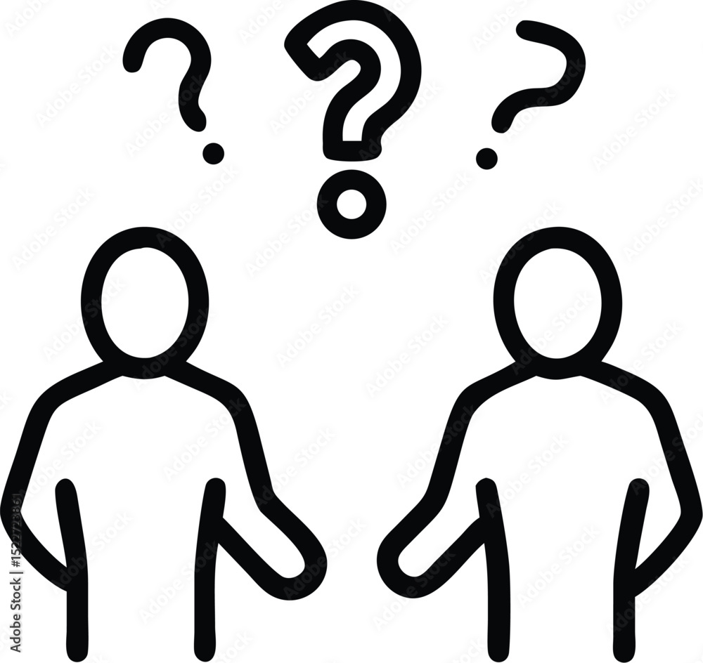 Poster two people with question marks above heads concept of confusion problem solving and decision making 