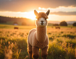 a young alpaca in a wide field. Lama pacos.