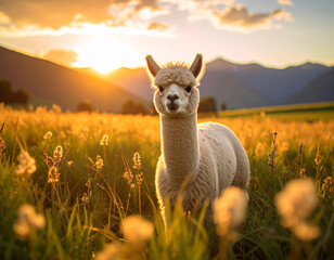 a young alpaca in a wide field. Lama pacos.