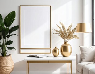 Elegant interior with gold accents blank frame and lush plant in woven basket