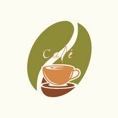 Coffee shop logo design featuring a steaming cup in front of a stylized green coffee bean, ideal for cafés, beverage branding, product labels, or organic coffee marketing.