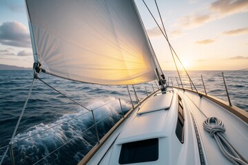Luxury sailboat cruising at sunset with golden sunlight illuminating the sail and ocean waves on a peaceful sea adventure concept background.