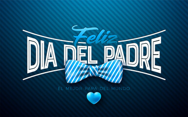 Happy Father's Day Greeting Card Design with Striped Bow Tie and Heart on Blue Background. Feliz Dia del Padre Spanish Language Vector Illustration for Loved and Best Dad. Template for Banner, Post