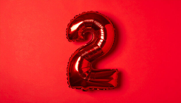 Foil balloon in shape of number 2 on red backdrop. Happy birthday, celebration anniversary