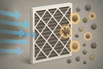 A dirty air filter blocks airborne particles, trapping dust and microbes while clean air passes through it.