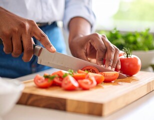 Tomatoes being chopped on a cutting board for salsa