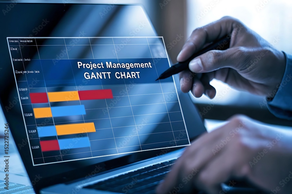 Poster close up of a gantt chart on a laptop display being edited with a stylus for project management