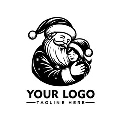 Santa Claus hugging happy child in festive black and white vector illustration, joyful Christmas holiday moment
