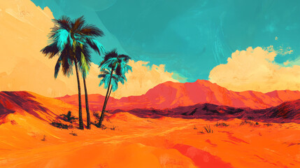 An orange desert landscape with turquoise palm trees and a vibrant sky.