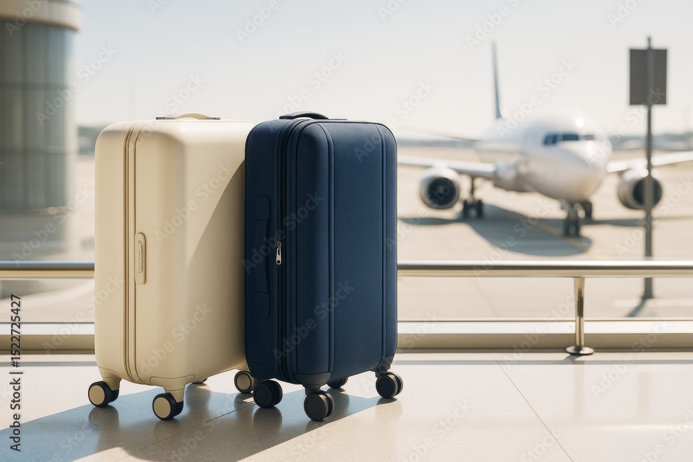 Poster two modern suitcases standing in airport terminal with airplane on runway in bright daylight backgro
