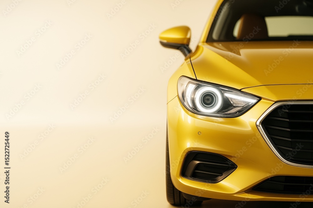 Poster close-up of modern yellow car front with illuminated headlight on soft beige background emphasizing 