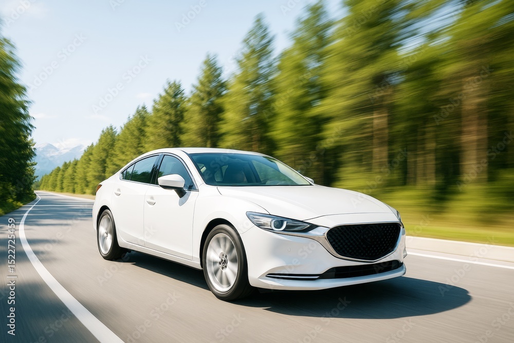 Poster white sedan driving fast on a curvy road with blurred forest background and bright daylight creating