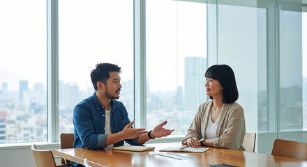Obraz premium Two Asian coworkers in a sunlit conference room discussing work with a city view behind.