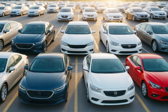 Multiple parked sedans in neat rows on a large lot with soft sunlight and blurred cars in background suggesting a transport concept scene.