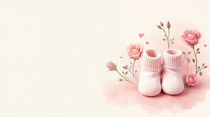 Greeting card illustration featuring baby knitted booties with roses for welcoming a baby girl