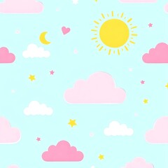 Seamless pattern of cute sky and fluffy clouds