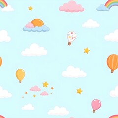 Seamless pattern of cute sky and fluffy clouds