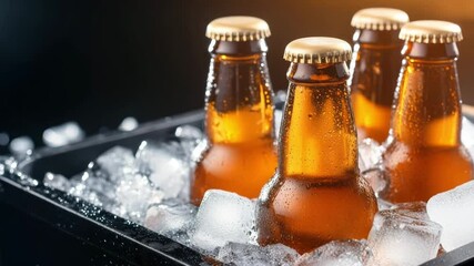 A close-up of glass bottles filled with amber beer, resting in a bucket of ice cubes. The scene is well-lit, highlighting the condensation on the bottles. - Powered by Adobe