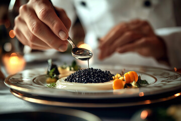 Close-up of a high-end chef adding caviar pearls to a fine dining plate on a table, focus on dish and hands.