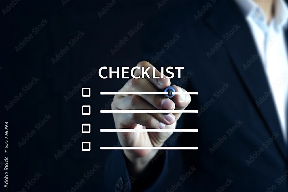 Poster businessman marking items on a virtual checklist with a digital pen task management and productivity