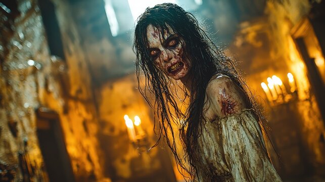 Horror scene with zombie woman in haunted mansion setting with candlelight