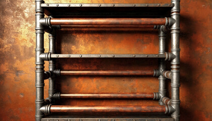 Vintage shelving unit made of metallic pipes against a textured background