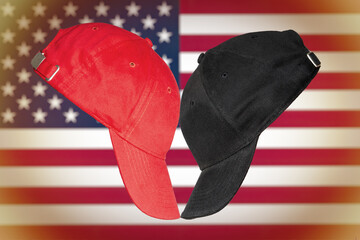 A head-on confrontation between a red and a black baseball cap placed opposite each other. It symbolizes a political confrontation between two contradictory sides.