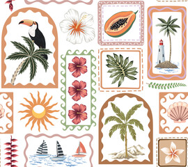Palms, toucan, lighthouse, marine boat, wave, island, hibiscus flower, shell, tropical fruit in the frames seamless pattern.. Summer patchwork boho wallpaper.