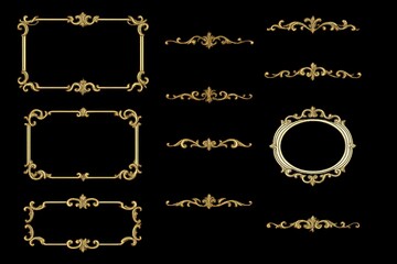 A collection of gold frames with intricate designs, isolated on transparent background.