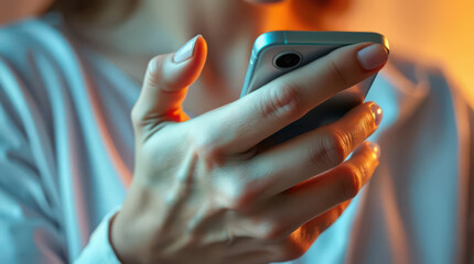 woman hand holding a smartphone, close up