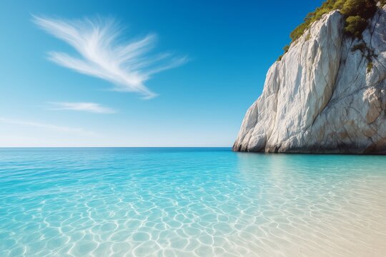 Idyllic tropical beach with clear turquoise water, white sand, and a large cliff under a blue sky with wispy clouds. Ai generative.