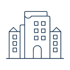 Apartment building illustration for housewarming announcement. New apartment complex with modern design and three buildings.