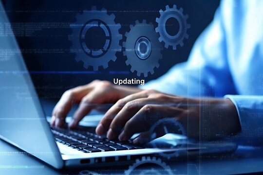 Hands Typing on Laptop with Software Update Overlay Gears and Code Representing Technology and Progress in a Digital World