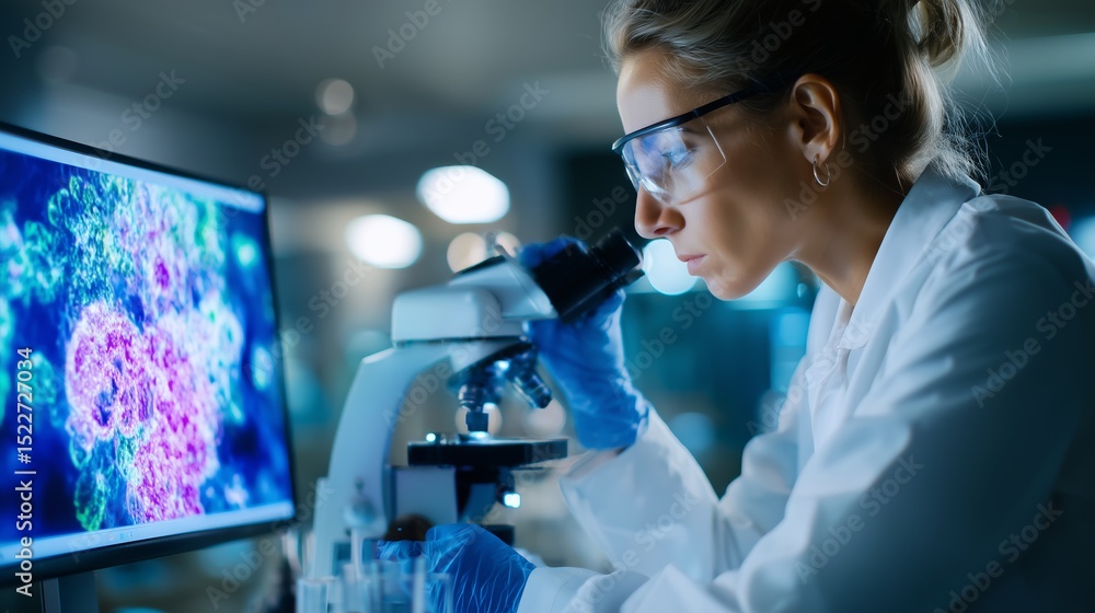 Poster scientist conducting research in laboratory with microscope while analyzing colorful cells on screen